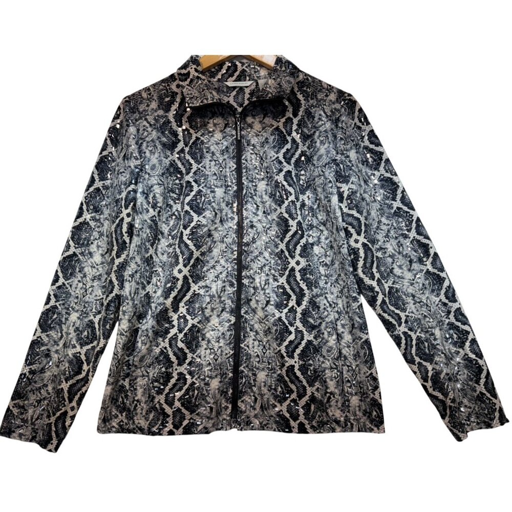 Laura Ashley Women's Sparkly Full Zip Blazer Size M Blue White Snake